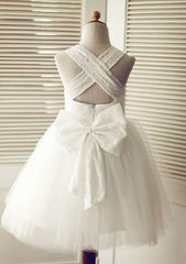 Knee-Length Halter Lace and Tulle Flower Girl Dress with Cute Bowknot - A-line/Princess