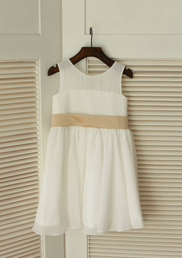 Knee-Length Chiffon Flower Girl Dress - A-line/Princess Scoop Neck