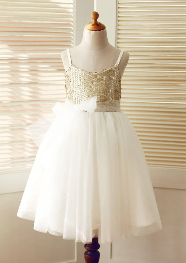 Knee-Length Sequined Tulle Flower Girl Dress with Stylish Sashes - A-line/Princess Scoop Neck