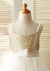 Knee-Length Sequined Tulle Flower Girl Dress with Stylish Sashes - A-line/Princess Scoop Neck