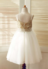 Knee-Length Sequined Tulle Flower Girl Dress with Stylish Sashes - A-line/Princess Scoop Neck