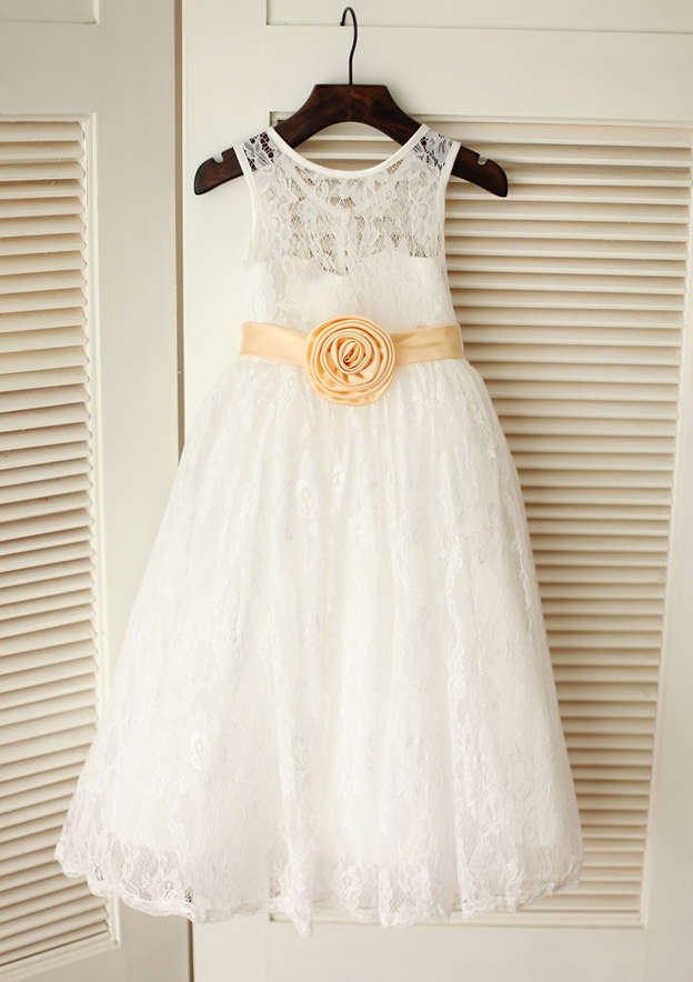 Tea-Length Lace Flower Girl Dress with Stylish Sashes - A-line/Princess Scoop Neck