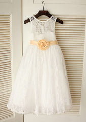 Tea-Length Lace Flower Girl Dress with Stylish Sashes - A-line/Princess Scoop Neck