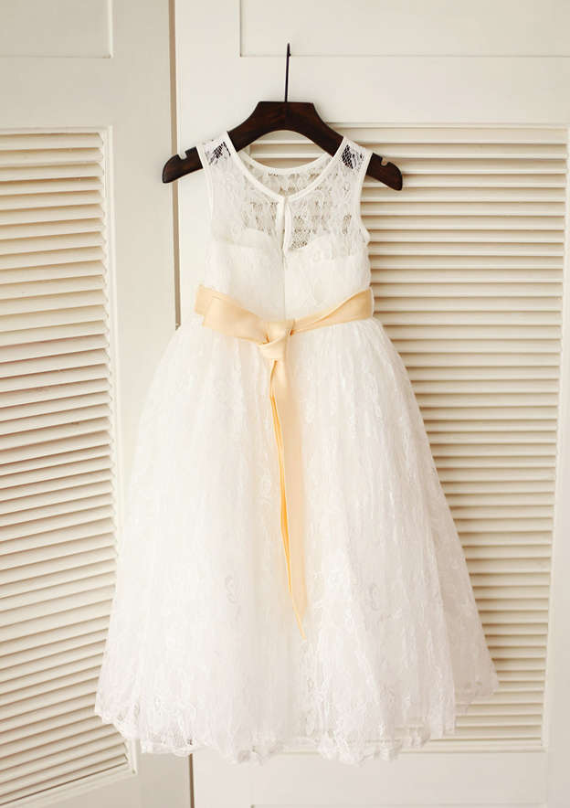 Tea-Length Lace Flower Girl Dress with Stylish Sashes - A-line/Princess Scoop Neck