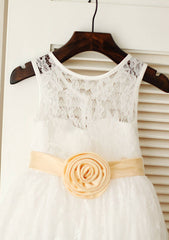 Tea-Length Lace Flower Girl Dress with Stylish Sashes - A-line/Princess Scoop Neck