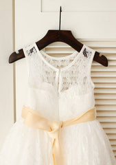 Tea-Length Lace Flower Girl Dress with Stylish Sashes - A-line/Princess Scoop Neck