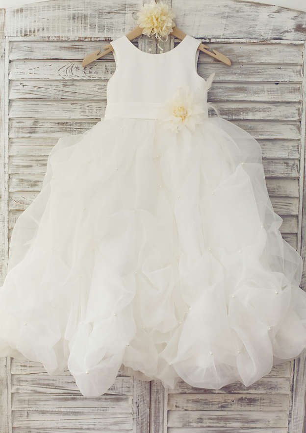 Floor-Length Tulle Flower Girl Dress with Lovely Bowknot Flowers - A-line/Princess Scoop Neck