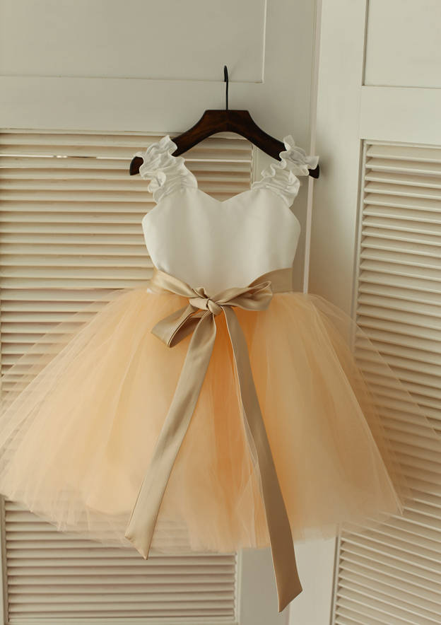 Knee-Length Sweetheart Satin and Tulle Flower Girl Dress with Graceful Sashes - A-line/Princess