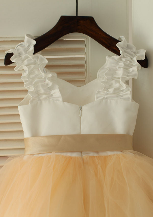 Knee-Length Sweetheart Satin and Tulle Flower Girl Dress with Graceful Sashes - A-line/Princess