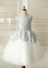 Knee-Length Sequined Tulle Flower Girl Dress - A-line/Princess Scoop Neck