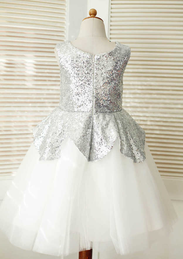 Knee-Length Sequined Tulle Flower Girl Dress - A-line/Princess Scoop Neck