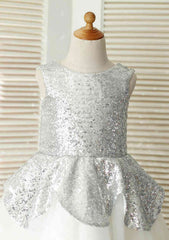 Knee-Length Sequined Tulle Flower Girl Dress - A-line/Princess Scoop Neck