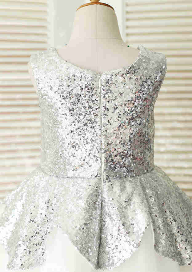 Knee-Length Sequined Tulle Flower Girl Dress - A-line/Princess Scoop Neck