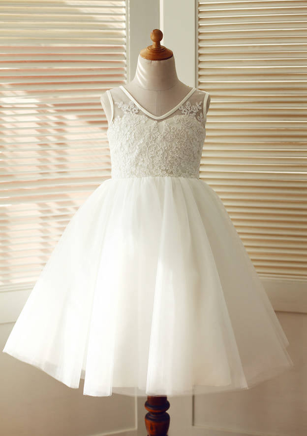 Knee-Length V-Neck Lace and Tulle Flower Girl Dress - A-line/Princess