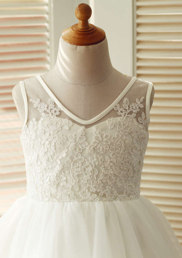 Knee-Length V-Neck Lace and Tulle Flower Girl Dress - A-line/Princess