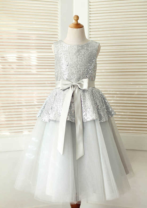 Tea-Length Sequined Tulle Flower Girl Dress with Graceful Sashes - A-line/Princess Scoop Neck