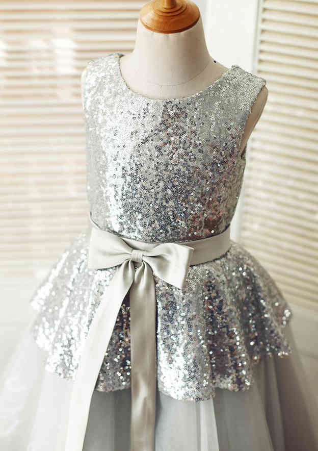 Tea-Length Sequined Tulle Flower Girl Dress with Graceful Sashes - A-line/Princess Scoop Neck