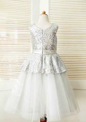 Tea-Length Sequined Tulle Flower Girl Dress with Graceful Sashes - A-line/Princess Scoop Neck