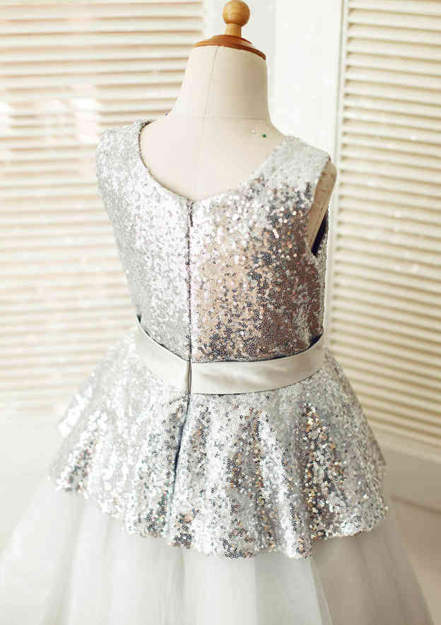 Tea-Length Sequined Tulle Flower Girl Dress with Graceful Sashes - A-line/Princess Scoop Neck