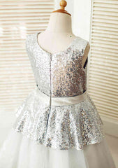 Tea-Length Sequined Tulle Flower Girl Dress with Graceful Sashes - A-line/Princess Scoop Neck