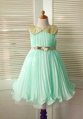 Knee-Length Chiffon Flower Girl Dress with Pleated Sequins - A-line/Princess Scoop Neck