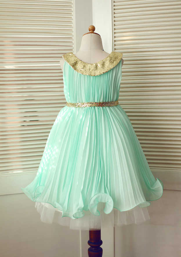 Knee-Length Chiffon Flower Girl Dress with Pleated Sequins - A-line/Princess Scoop Neck