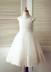 Tea-Length Lace and Tulle Flower Girl Dress - A-line/Princess Scoop Neck