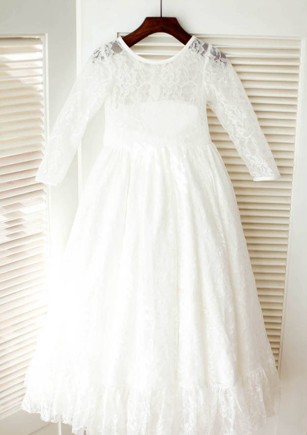 Tea-Length Lace Flower Girl Dress with Graceful Sashes - A-line/Princess Scoop Neck