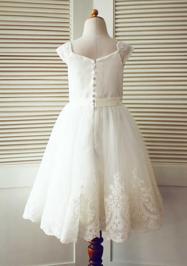 Tea-Length Lace and Tulle Flower Girl Dress - A-line/Princess Scoop Neck