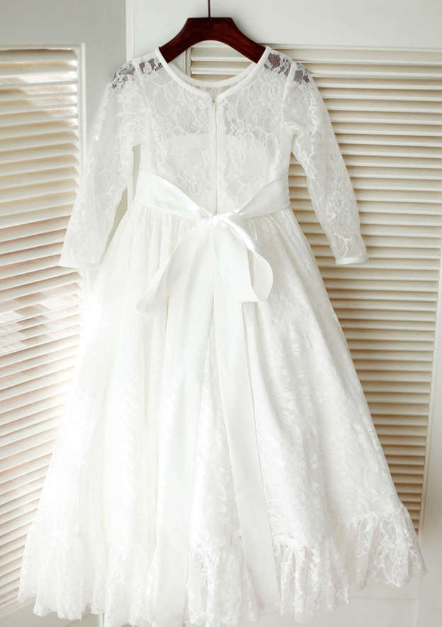 Tea-Length Lace Flower Girl Dress with Graceful Sashes - A-line/Princess Scoop Neck