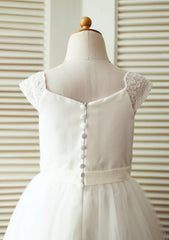 Tea-Length Lace and Tulle Flower Girl Dress - A-line/Princess Scoop Neck