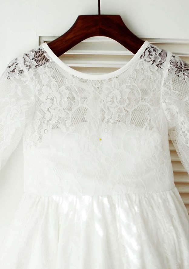 Tea-Length Lace Flower Girl Dress with Graceful Sashes - A-line/Princess Scoop Neck