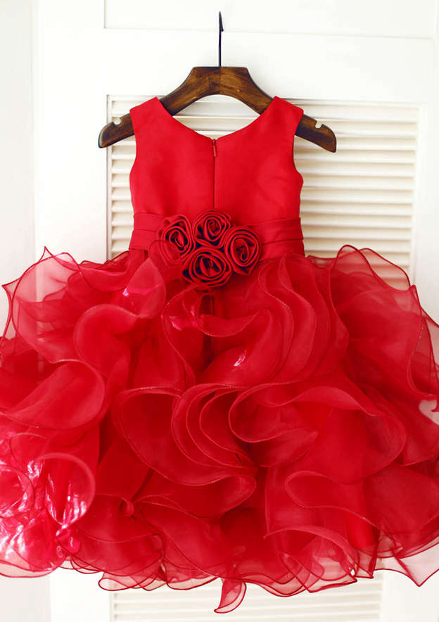 Knee-Length Organza Satin Flower Girl Dress with Charming Ruffled Flowers - A-line/Princess Scoop Neck