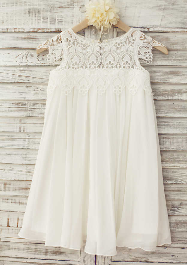 Knee-Length Chiffon Lace Flower Girl Dress - A-line/Princess Scoop Neck