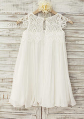 Knee-Length Chiffon Lace Flower Girl Dress - A-line/Princess Scoop Neck