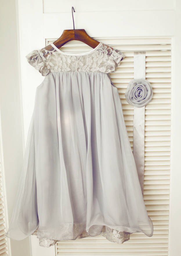 Knee-Length Chiffon Flower Girl Dress with Elegant Sashes - A-line/Princess Scoop Neck