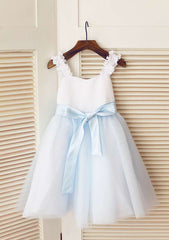 Knee-Length Satin and Tulle Dress with Elegant Sashes - A-line/Princess Square Neckline Flower Girl Dress