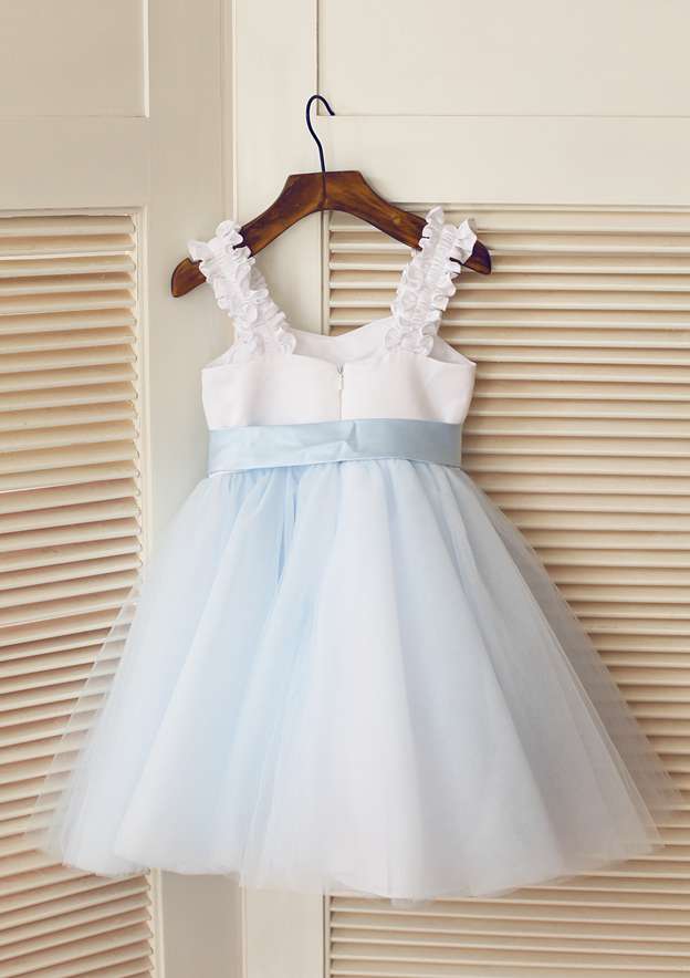 Knee-Length Satin and Tulle Dress with Elegant Sashes - A-line/Princess Square Neckline Flower Girl Dress