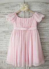 Tea-Length Chiffon Flower Girl Dress with Short Sleeves - A-line/Princess Square Neckline