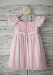 Tea-Length Chiffon Flower Girl Dress with Short Sleeves - A-line/Princess Square Neckline