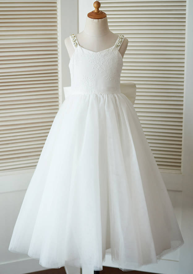 Ankle-Length Lace and Tulle Flower Girl Dress with Charming Bowknot - A-line/Princess Scoop Neck