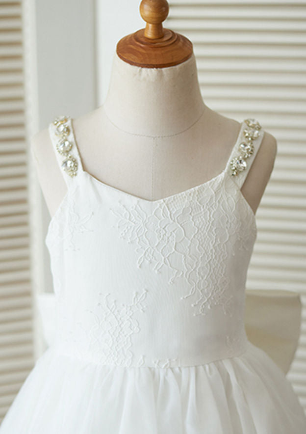 Ankle-Length Lace and Tulle Flower Girl Dress with Charming Bowknot - A-line/Princess Scoop Neck