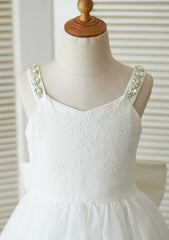 Ankle-Length Lace and Tulle Flower Girl Dress with Charming Bowknot - A-line/Princess Scoop Neck