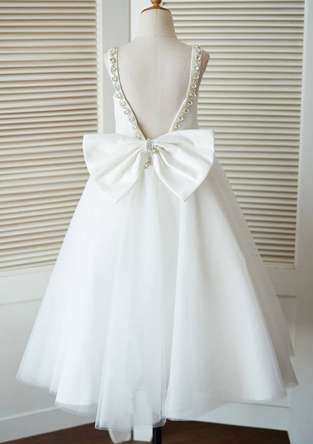 Ankle-Length Lace and Tulle Flower Girl Dress with Charming Bowknot - A-line/Princess Scoop Neck