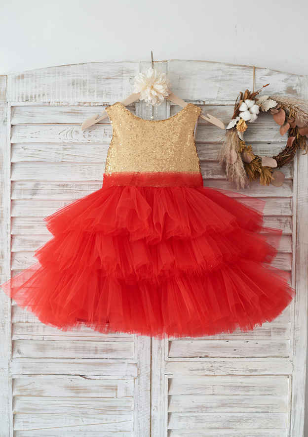 Knee-Length Sequined Tulle Flower Girl Dress with Pretty Bowknot - Ball Gown Scoop Neck