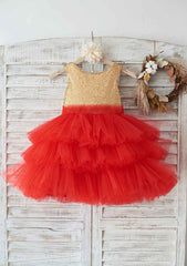 Knee-Length Sequined Tulle Flower Girl Dress with Pretty Bowknot - Ball Gown Scoop Neck