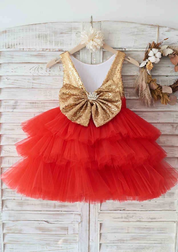 Knee-Length Sequined Tulle Flower Girl Dress with Pretty Bowknot - Ball Gown Scoop Neck