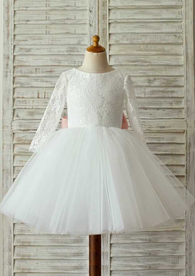 Knee-Length Full/Long Sleeve Lace and Tulle Flower Girl Dress with Lovely Bowknot - Ball Gown Scoop Neck