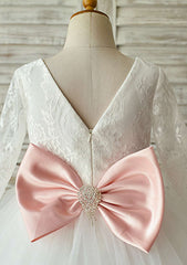 Knee-Length Full/Long Sleeve Lace and Tulle Flower Girl Dress with Lovely Bowknot - Ball Gown Scoop Neck