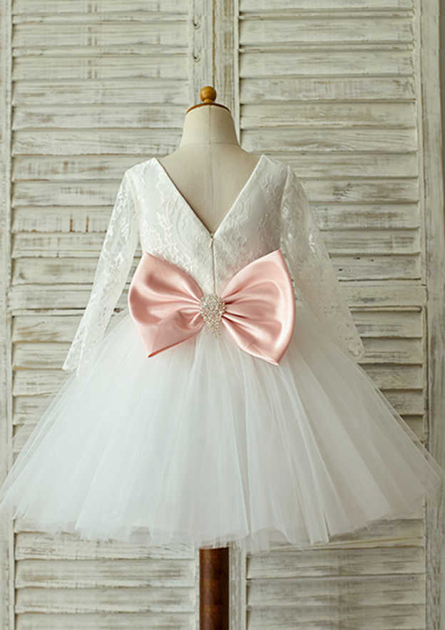 Knee-Length Full/Long Sleeve Lace and Tulle Flower Girl Dress with Lovely Bowknot - Ball Gown Scoop Neck